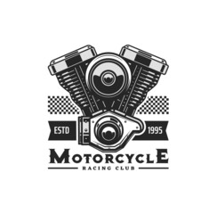 Motorcycle engine icon with vector motor bike or chopper vehicle two cylinder piston engine. Biker or racing sport club, garage, repair service and motorbike spare part shop isolated symbol design