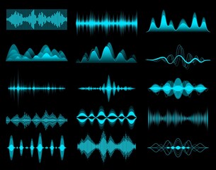 Fototapete - HUD sound music equalizer, audio waves. Iinterface elements, vector voice frequency waveform. HUD sound wave or radio signal digital waveform, music volume and recording or play equalizer