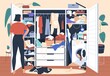 Woman in front of messy untidy wardrobe. Mess and chaos in open closet. Person looking inside cupboard with lot of cluttered, disordered and disorganized clothes storage. Flat vector illustration