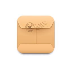 Leinwandbilder - Mail delivery icon. Messaging and SMS smartphone application, delivery service or e-mail app, 3d vector square pictogram with paper envelope, postal stamp on parcel packet or package