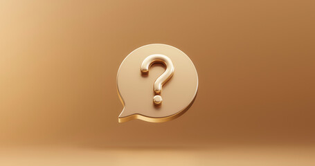 Fototapete - Gold question mark bubble icon sign or ask faq answer solution and information support illustration business symbol on golden background with problem graphic idea or help concept. 3D rendering.