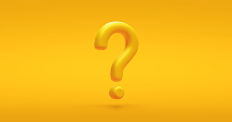 Wall Mural - Yellow question mark icon sign or ask faq answer solution and information support illustration business symbol on vivid background with problem graphic idea or help concept. 3D rendering.