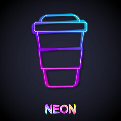 Wall Mural - Glowing neon line Coffee cup to go icon isolated on black background. Vector