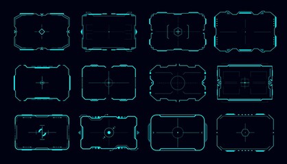 HUD vector frame of aim control panel and target screen borders. Sci fi game user interface, ui or gui futuristic digital design elements, future technology viewfinder displays with neon crosshair