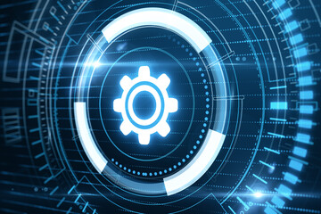 Aufkleber - Creative glowing blue gear hologram on dark background. Business progress and technology concept. 3D Rendering.