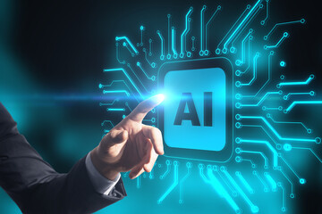 Wall Mural - Businessman hand pointing at abstract blue AI chip on blurry background. Artificial intelligence, hardware, hud and innovation concept.