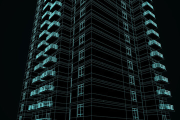 Poster - Creative linear building project on black background. Architecture, construction and blueprint concept. 3D Rendering.