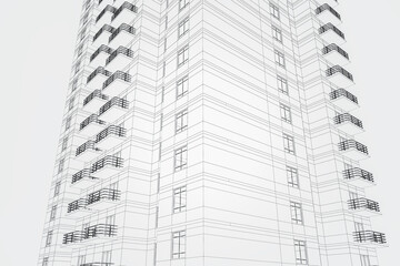 Poster - Creative linear building project on white background. Architecture, construction and blueprint concept. 3D Rendering.