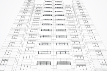 Poster - Abstract linear building project on white background. Architecture, construction and blueprint concept. 3D Rendering.
