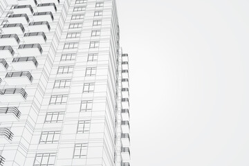 Poster - Creative linear building project on white background with mock up place. Architecture, construction and blueprint concept. 3D Rendering.