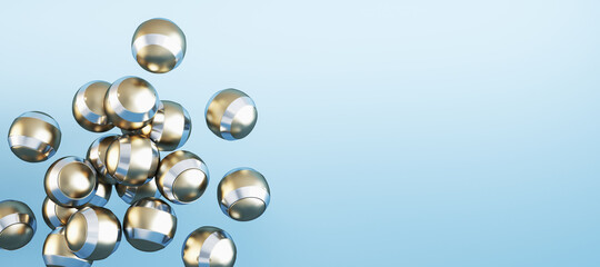 Poster - Creative wide image of shiny metal golden balls on grey background with mock up place. Design concept. 3D Rendering.