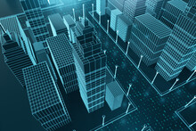 Abstract Graphic Blue City Wallpaper. Building And Downtown Concept. 3D Rendering.