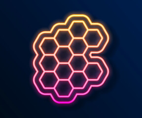 Poster - Glowing neon line Honeycomb icon isolated on black background. Honey cells symbol. Sweet natural food. Vector