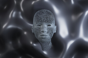 Abstract black human head on wavy background. Future, robotics and artificial intelligence background. 3D Rendering.