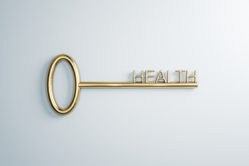 Poster - Close up of golden key to health on white background. Creative concept. 3D Rendering.