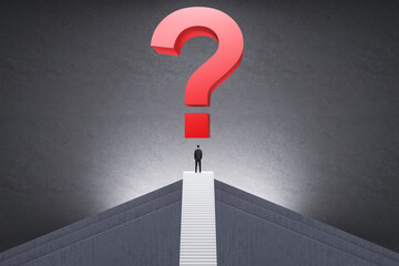 Poster - Back view of businessman on top of stairs with red question mark on concrete background. Future, solution and tomorrow concept.