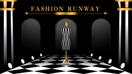 black and white striped pattern mannequin on checkered pattern floor catwalk with luxury dark scene illustration vector