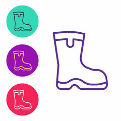 Canvas Print - Set line Fishing boots icon isolated on white background. Waterproof rubber boot. Gumboots for rainy weather, fishing, hunter, gardening. Set icons colorful. Vector