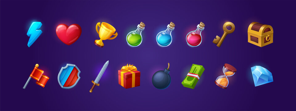 Set of game icons, shield, sword, lightning flash and heart, golden cup, magic potion flasks, gold key and treasure chest. Cartoon 3d ui flag, gift box, bomb and money bills, hourglass and brilliant