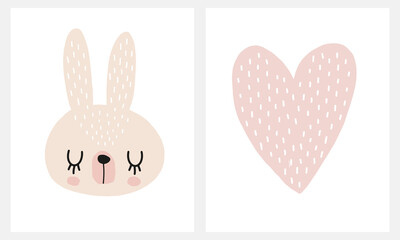 Cute Simple Scandinavian Style Vector Nursery Art with Pink Hand Drawn Baby Bunny and Big Heart Isolated on a White Background. Funny Easter Print ideal for Card, Wall Art, Kids Room Decoration.