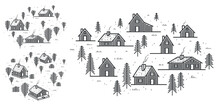 Rural Village In Woods Linear Vector Illustration Isolated On White, Wooden Houses In Trees Forest Line Art Drawing, Countryside Log Cabins Cottages, Travel In Wilderness For Rest.