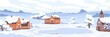 Winter village landscape with houses and trees covered with snow. Panorama of rural nature with buildings and rink in cold weather. Peaceful outdoor scenery of countryside. Flat vector illustration