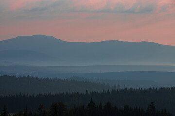 Canvas Print - Foggy landscape field against the mountain layers in the morning