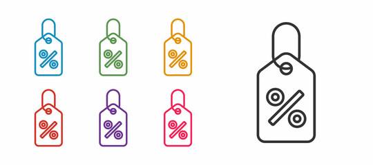 Set line Discount percent tag icon isolated on white background. Shopping tag sign. Special offer sign. Discount coupons symbol. Set icons colorful. Vector