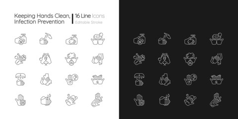 Sticker - Keeping hands clean linear icons set for dark and light mode. Washing with soap and water. Remove pathogens. Customizable thin line symbols. Isolated vector outline illustrations. Editable stroke