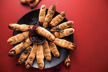 Bloody  Cookies Fingers For Halloween Party Celebration, Cookies "Witchs Fingers". Dark Background, Food For Halloween