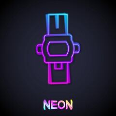 Poster - Glowing neon line Wrist watch icon isolated on black background. Wristwatch icon. Vector