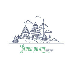 Green power concept thin line vector illustration. Windmill energy as an alternative electricity resource for a farm. Outline style vector illustration on white background.