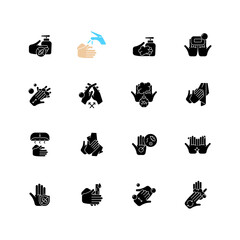 Canvas Print - Keeping hands clean black glyph icons set on white space. Washing with soap and water. Remove pathogenic microorganisms. Personal hygiene routine. Silhouette symbols. Vector isolated illustration