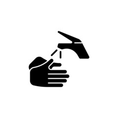 Wall Mural - Wetting hands with water black glyph icon. Good hygiene practice. Using clean, warm water. Rinse hands under bathroom tap. Silhouette symbol on white space. Vector isolated illustration