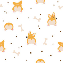 Cute Ginger, Brown Dog, Dots, Bone, English Sign, Welsh Corgi Pembroke, Back View Isolated On White Background. Print For Packaging, Fabrics, Wallpapers, Textiles.