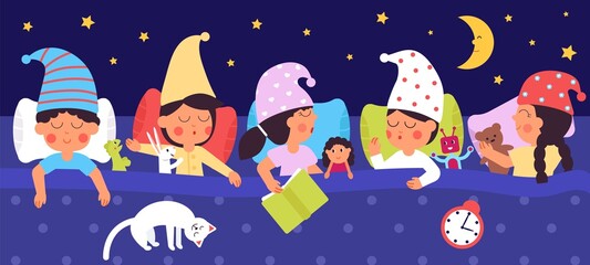 Canvas Print - Sleepy kids. Night dreams, children sleep in bed with toys. Big family, cute sisters and brothers bedtime. Cartoon toddlers together decent vector scene