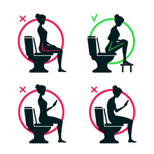 The Correct And Incorrect Body Posture Of Sitting On The Toilet In The WC. The Torso Position Angle 90 Or 35 Degrees. Good And Bad. A Right Comfort Posture. Comparison.