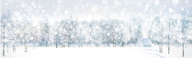 Wall Mural - vector winter wonderland scene with house in forest. winter landscape.