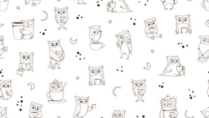 Poster - Sketch dreaming owls pattern. Owl with coffee, sleeping tired wild birds vector seamless texture