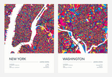 Color Detailed Road Map, Urban Street Plan City New York And Washington With Colorful Neighborhoods And Districts, Travel Vector Poster