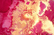 Shining magenta and gold marble pattern with golden dust. Abstract vector background in alcohol ink technique. Modern paint with glitter. Template for banner, poster design. Fluid art painting
