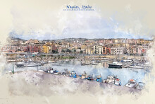 Coast Of Naples, Italy  In Sketch Style