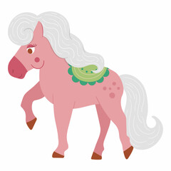 Wall Mural - Fairy tale pink horse with green saddle isolated on white background. Vector fantasy animal. Medieval fairytale horse character. Cartoon magic icon.