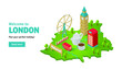Travel website banner with famous architectural isometric attractions on London map with words: Welcome to London. Traveling concept.