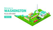 © dot_studio - Travel website banner with famous architectural isometric attractions on Washington map with words: Welcome to Washington. Traveling concept.