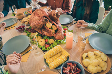 Poster - Photo of pretty adorable family eating holiday turkey sitting table praying holding arms indoors house room