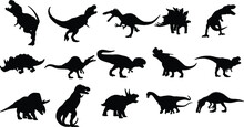 Dinosaurs And Jurassic Dino Monsters Vector Silhouette Of Triceratops Or T-rex, Brontosaurus Or Pterodactyl And Stegosaurus, Pteranodon Or Ceratosaurus And Parasaurolophus Reptile Set 04