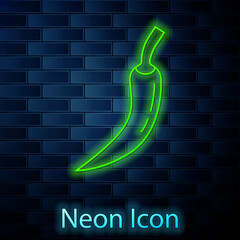 Poster - Glowing neon line Hot chili pepper pod icon isolated on brick wall background. Design for grocery, culinary products, seasoning and spice package, cooking book. Vector