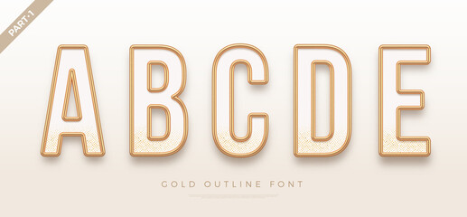 Realistic gold metal font. Golden ouline font. Metallic 3d typeface. English alphabet. Vector illustration.