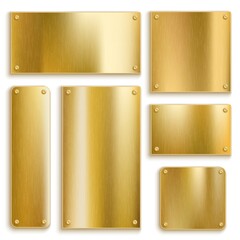 Plates golden. Metallic yellow plate, gold shiny square and rectangular bronze banner. Polished textured blank label with screws. Luxury banner background. Vector realistic isolated set